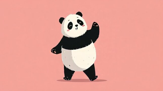 A cartoon panda bear performing a funny cartoon dancing pose on a pink background.