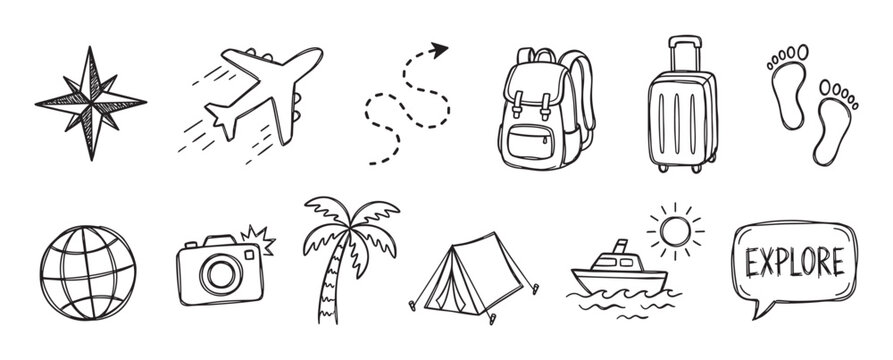 Set of hand-drawn travel icons featuring an airplane, backpack, suitcase, globe, and camera in a black and white doodle style for adventure and vacation concepts