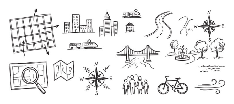 Set of hand-drawn black doodle icons showing city life, urban planning, navigation, and transportation with map, building, compass, and vehicle sketches in a simple line art style