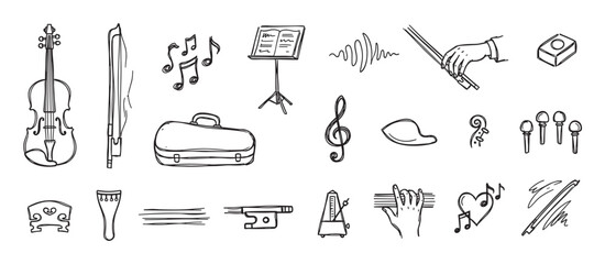 Hand drawn violin and classical music icons in a doodle style, a collection of string instrument elements like a bow, case, stand, metronome, and musical notes for an orchestra theme