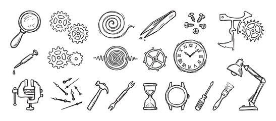 Hand-drawn watch repair tools and clock parts in a black and white sketch style, featuring gears, a timepiece, a magnifying glass, and various mechanical instruments for horology