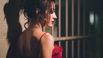 Elegant Woman in Red Dress: Graceful Pose by Soft Light and Shadows
