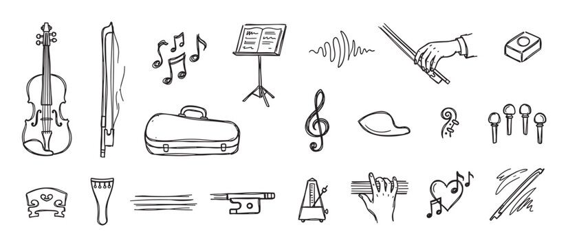 Hand drawn violin and classical music icons in a doodle style, a collection of string instrument elements like a bow, case, stand, metronome, and musical notes for an orchestra theme
