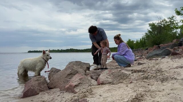 Caring father holding his toddler daughter to keep her safe from the water while playing on a rocky beach with her mother and a white dog during a family vacation