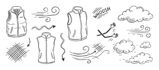 Fototapeta na wymiar Puffer vests wind gusts clouds and arrows in a hand-drawn doodle collection with a sketchy black and white line art style representing weather and movement