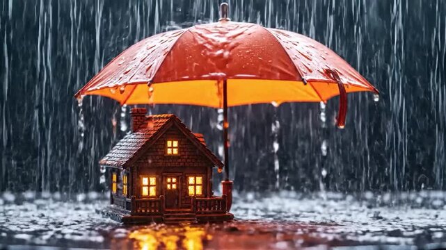 House protected by umbrella during heavy rainfall