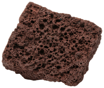 Porous red volcanic scoria rock fragment isolated on a transparent background