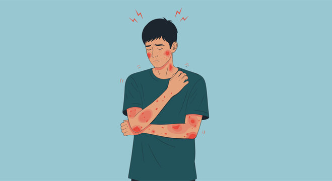 Man suffering from skin allergy and itchy rash vector illustration showing dermatology problem redness and irritation