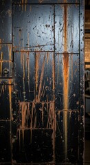 Dark metal plating exhibits significant rust streaks and surface distress