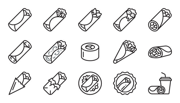 Set of burrito and shawarma line icons showing various types of wraps, including filled tortilla rolls, food on a plate, and a meal combo with a drink for a fast food menu