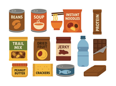 Assorted non-perishable food items: beans, soup, noodles, and snacks illustration