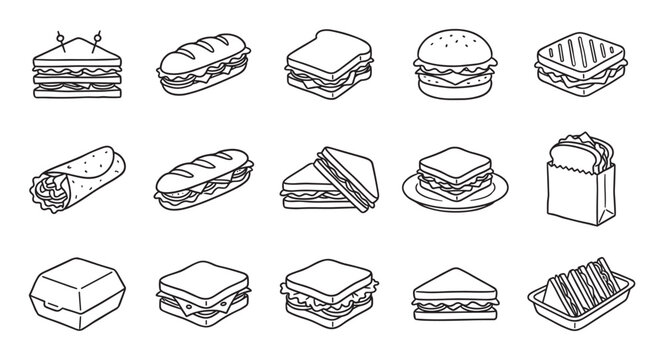 Collection of hand-drawn sandwich icons featuring various types of fast food like burgers, subs, wraps, and paninis in a simple black and white line art doodle style