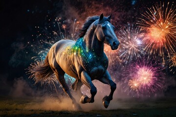 Elegant Horse Running Amid Fireworks Display