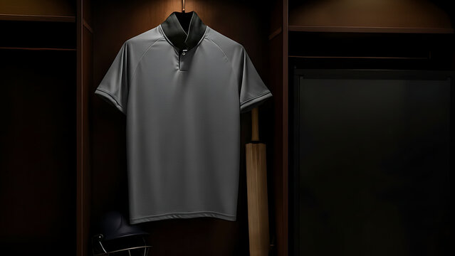 A white polo shirt hanging in a locker with a cricket bat beside it