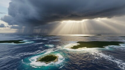 Aerial view of tropical islands under dramatic sky with sun rays breaking through storm clouds over the ocean.