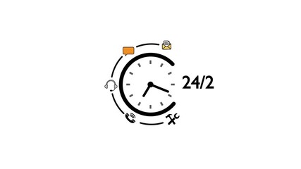 circular indicating 24/2 service availability with communication and a clock face on a white background. - Powered by Adobe