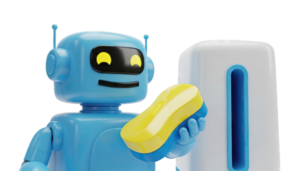 Blue Robot Holding Cleaning Sponge Next to Dispenser