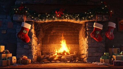 Cozy fireplace with decorated stockings and flickering fire .