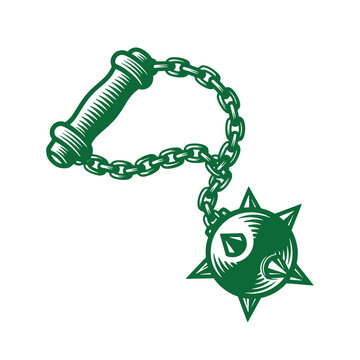 Green flail weapon with chain and spiked ball on white background  medieval combat tool