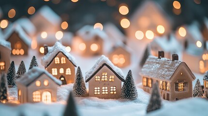 Fototapeta premium Small holiday village with snowy rooftops, Christmas lights shining .