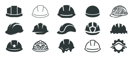 Diverse set of hard hat icons and pictograms showcasing various styles like simple silhouettes, line art, and abstract glyphs for construction and industrial safety themes