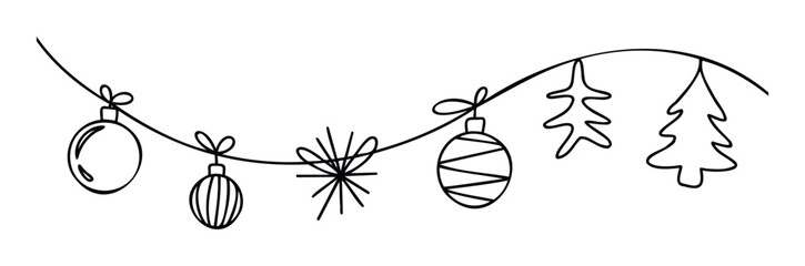 Simple black line drawing of Christmas decorations strung on a festive garland, perfect for holiday greeting designs, seasonal event invitations, or festive website headers.
