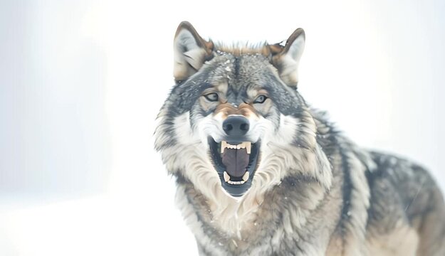 Close-up Portrait of a Wolf Snarling in a Snowy Winter Forest with Sharp Teeth and Intense Eyes Natural Wildlife