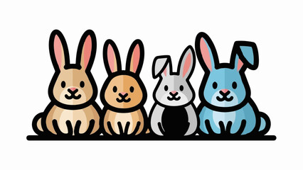 Four adorable cartoon bunnies in various colors sit in a row