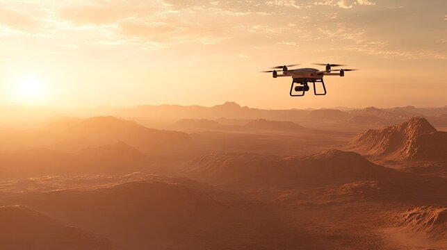 Drone flying over desert landscape, delivering survival gear to remote outpost .
