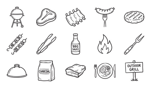 Collection of hand-drawn barbecue icons featuring a grill, steak, ribs, sausage, charcoal, and various grilling tools in a simple black and white doodle style illustration set