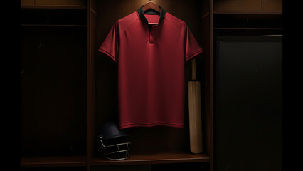 Cricket team uniform and sports equipment neatly arranged in a locker room