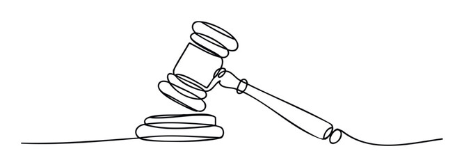 A minimalist continuous line drawing depicting a judges gavel with a sound block, embodying justice, authority, and judgment, ideal for legal and auction related projects.