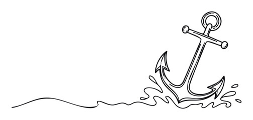 Simple hand drawn style anchor with a wavy line and water splashes perfect for maritime themed logos, ocean adventure promotions, or voyage related graphic elements
