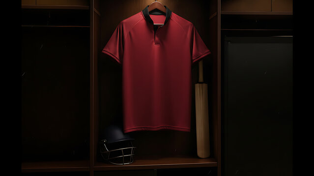 Cricket team uniform and sports equipment neatly arranged in a locker room - Powered by Adobe