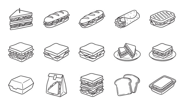 Set of various sandwich line icons hand-drawn in a simple doodle style, showing a club sandwich, sub, wrap, panini, and other fast food lunch items with takeaway containers