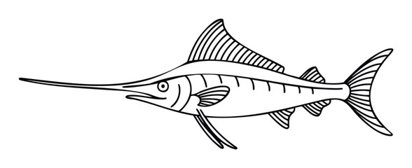 Dynamic black outline drawing of a marlin fish, showcasing its sleek body and distinctive bill, perfect for educational materials, ocean themed graphics, or fishing industry promotions