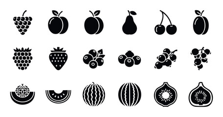 Essential fruit icons set featuring grapes plums berries melons and figs in a minimalist silhouette style perfect for menu design nutritional guides and market branding