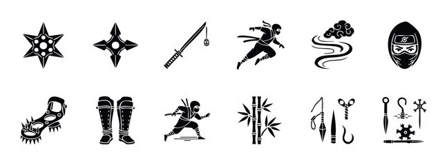 Comprehensive collection of ninja themed icons showcasing ancient Japanese martial arts weaponry, dynamic stealth figures, essential training gear, and mystic symbols ideal for cultural