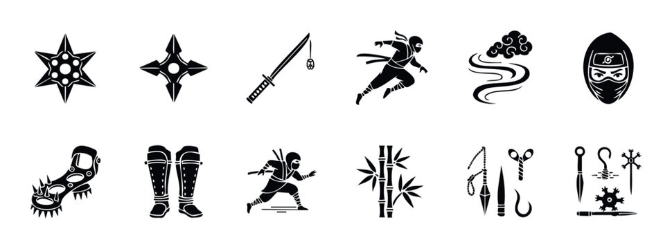 Comprehensive collection of ninja themed icons showcasing ancient Japanese martial arts weaponry, dynamic stealth figures, essential training gear, and mystic symbols ideal for cultural