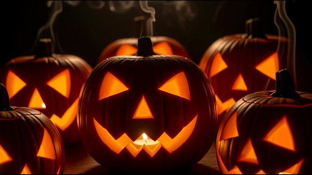 Lit pumpkins with carved faces glowing against dark background