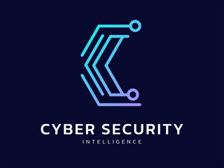 Cyber security intelligence data protection with Letter C meaning from hexagon Cyber circuit board lines future of technology  vector logo design concept. Letter C logotype for ID ui, automation, web.