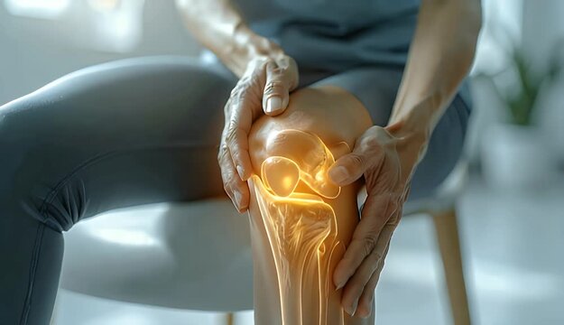 Close Up Of Woman Hands Holding Knee Experiencing Pain With Yellow Orange Glow Indicating Inflammation And Discomfort