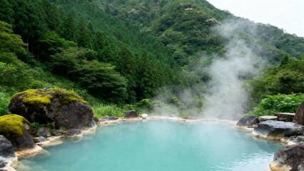 A serene natural hot spring surrounded by lush green forest and mist rising from the water.