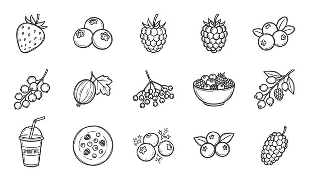 Hand-drawn berry and fruit icon collection with strawberry, raspberry, blueberry, currant, smoothie, and a bowl of mixed berries in a simple black line art vector illustration style