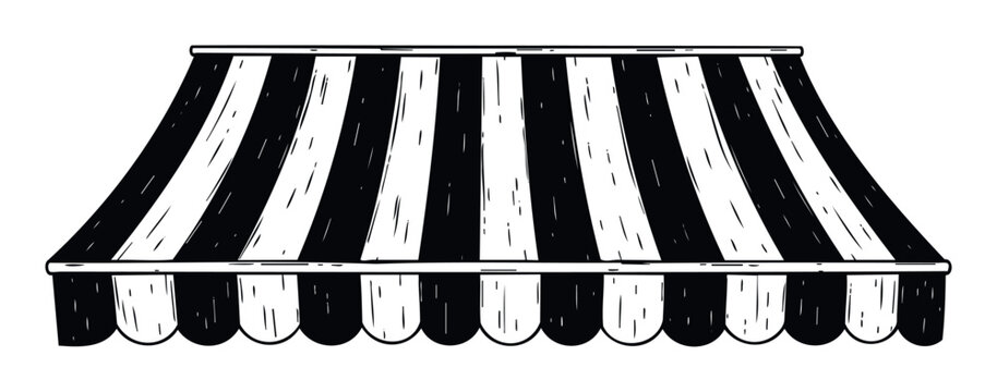 Hand drawn black and white striped awning with scalloped edge perfect for store fronts cafes restaurants and market stalls needing a graphic symbol