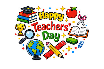 Happy Teachers Day celebration with school supplies books globe and pencil isolated on white background