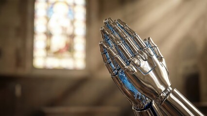 Robot hands folded in prayer inside a church, symbolizing the intersection of artificial intelligence and spirituality. Future of technology and religion concept.