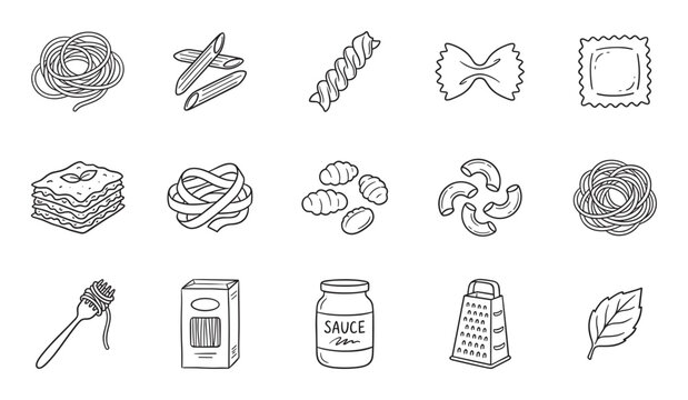 Hand-drawn set of various pasta types and Italian food icons in a black and white doodle style, including spaghetti, lasagna, ravioli, sauce, and a grater for a culinary concept