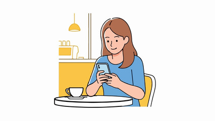 Woman in blue top smiling while using phone at cafe table with coffee