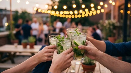 People toast with mojito cocktail at outdoor summer party. Friends enjoying refreshing drink on rooftop terrace with string lights.